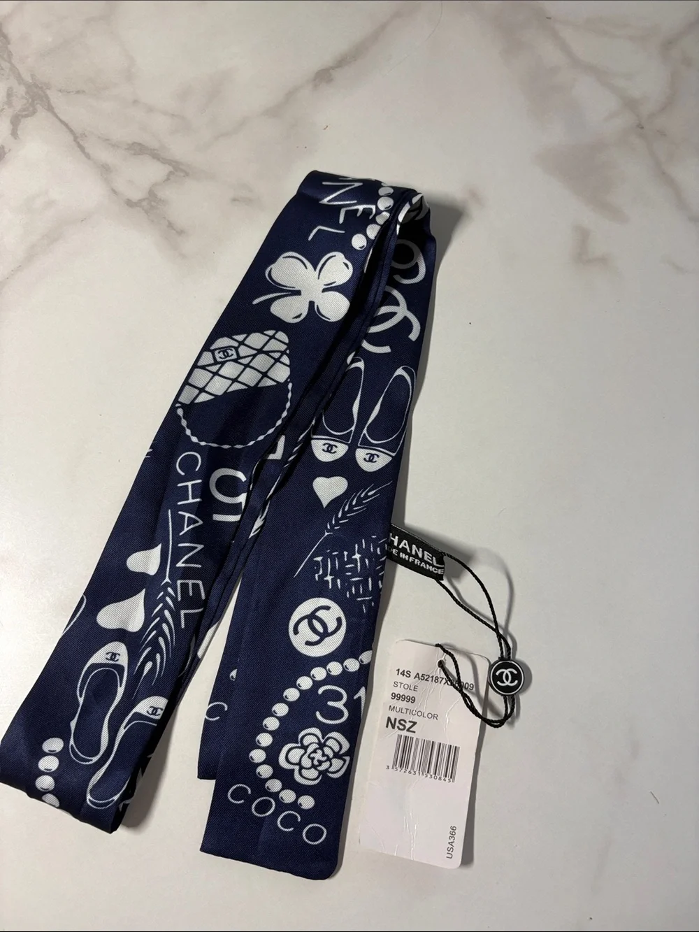 C Navy and White Printed Silk Hair Twilly